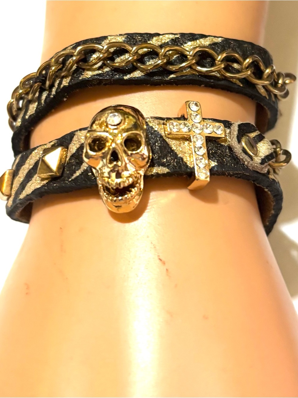 Fashion Jewelry Black and Gold Skull & Cross Wrap Bracelet